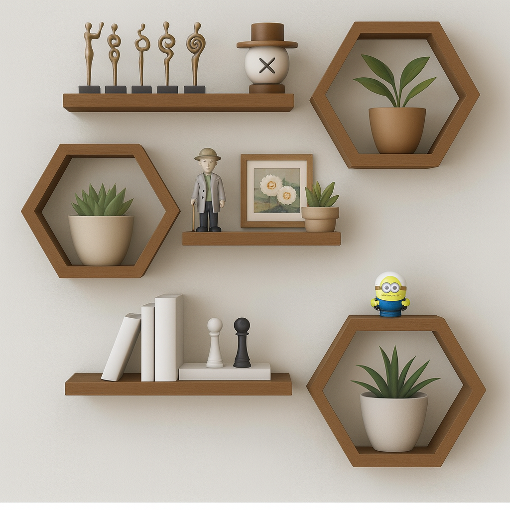 Hexagon Wall Shelves Set | Modern Floating Wooden Display Racks for Home Decor, Living Room, Bedroom & Office | Stylish Storage Shelf